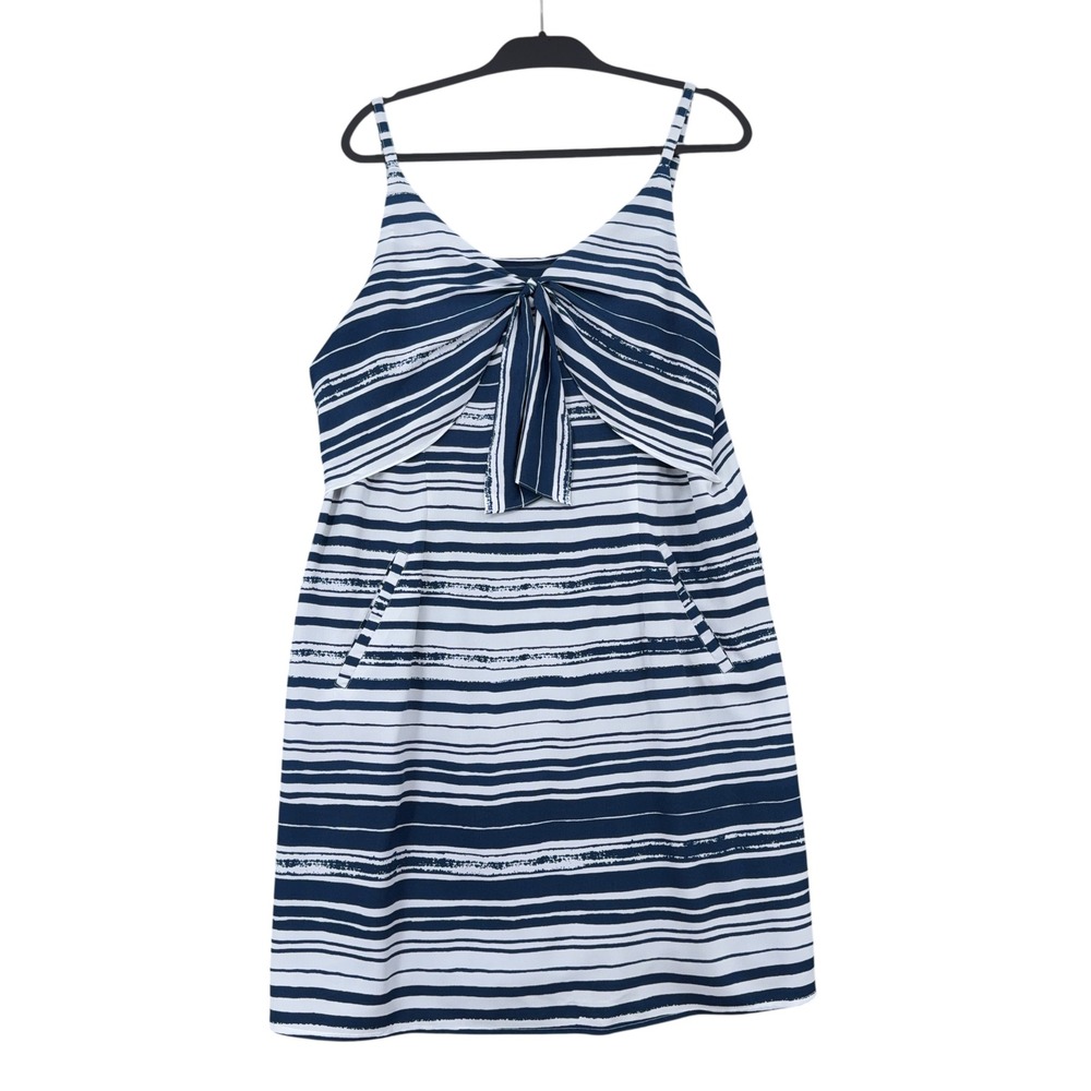 Cabi 5264 Navy Blue White Striped Tie Front Pocket Shift Dress Womens XL